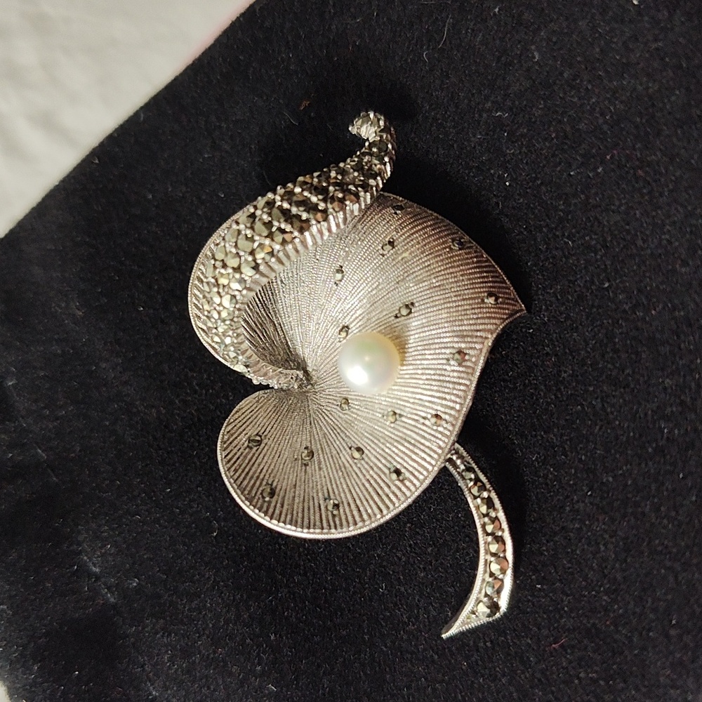 Theodore Fahrner Original Sterling Silver Marcasite FW Pearl Heart Brooch Pin - Picture 15 of 15